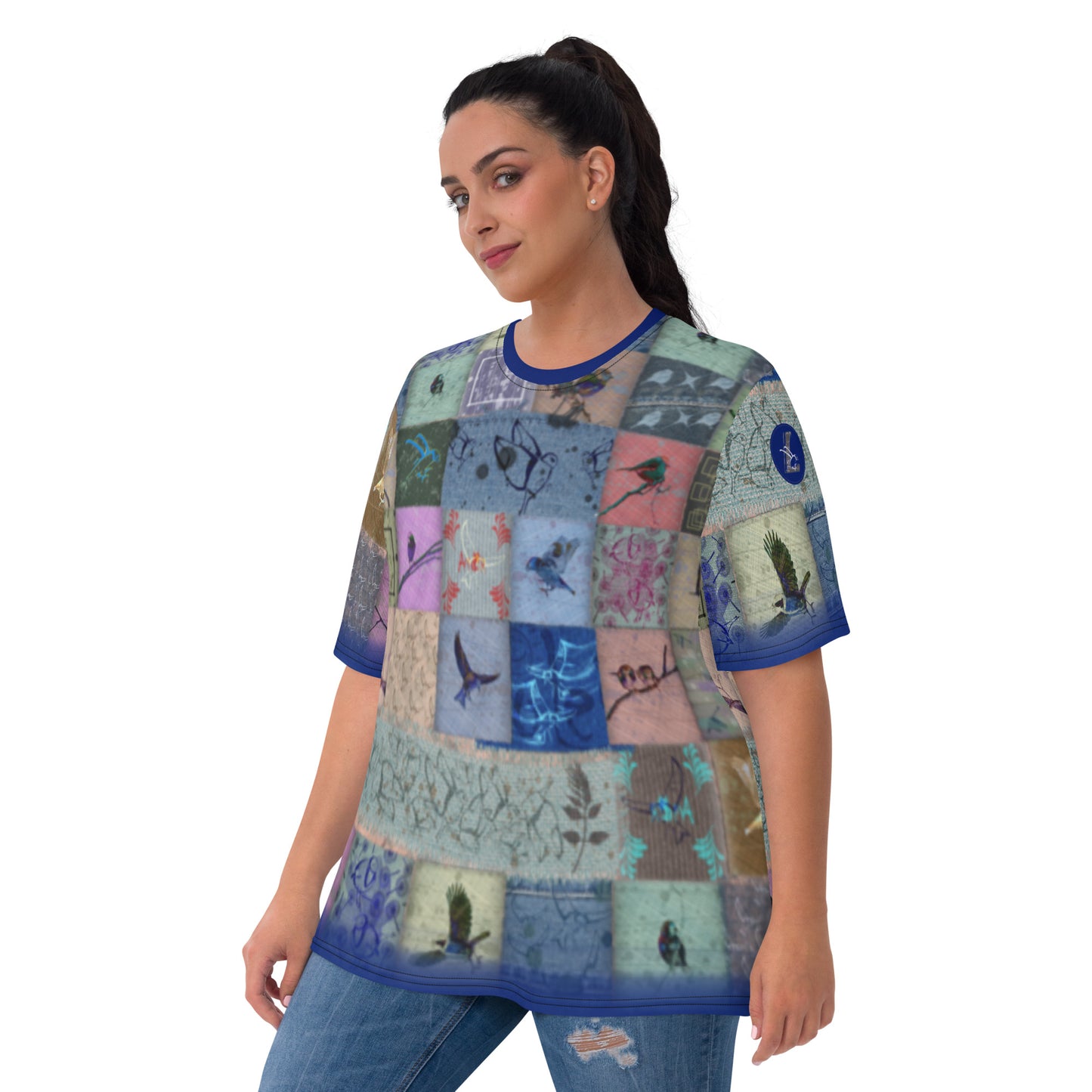 T-shirt Femme "Patchwork Oiseaux bleus"