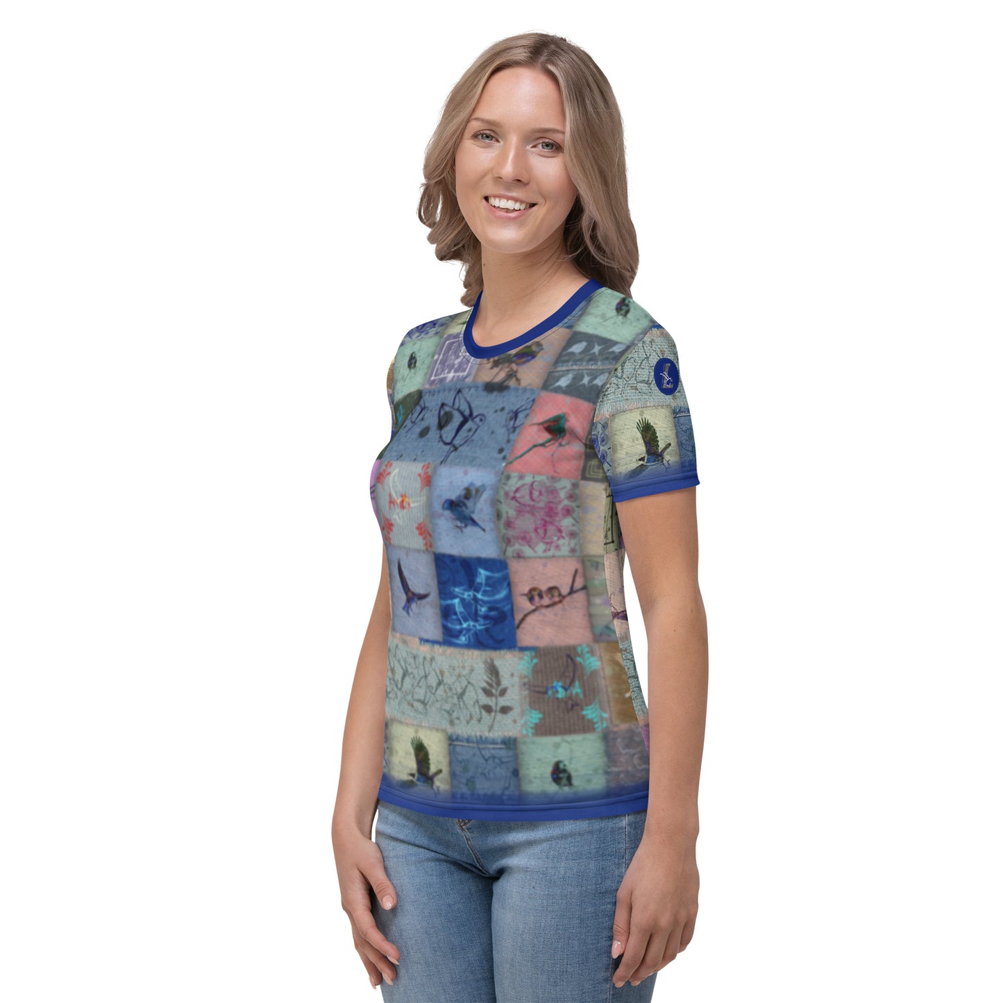 T-shirt Femme "Patchwork Oiseaux bleus"