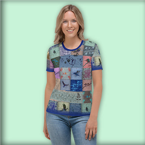 T-shirt Femme "Patchwork Oiseaux bleus"