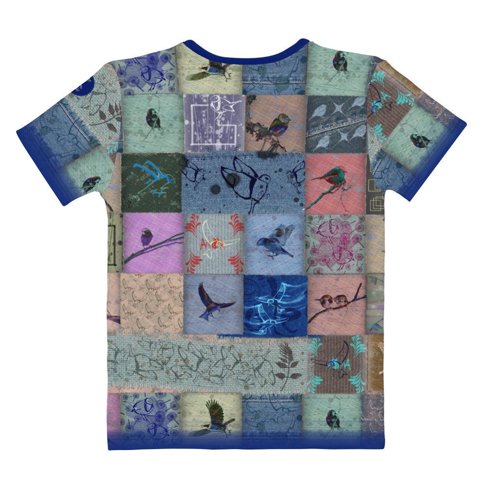 T-shirt Femme "Patchwork Oiseaux bleus"