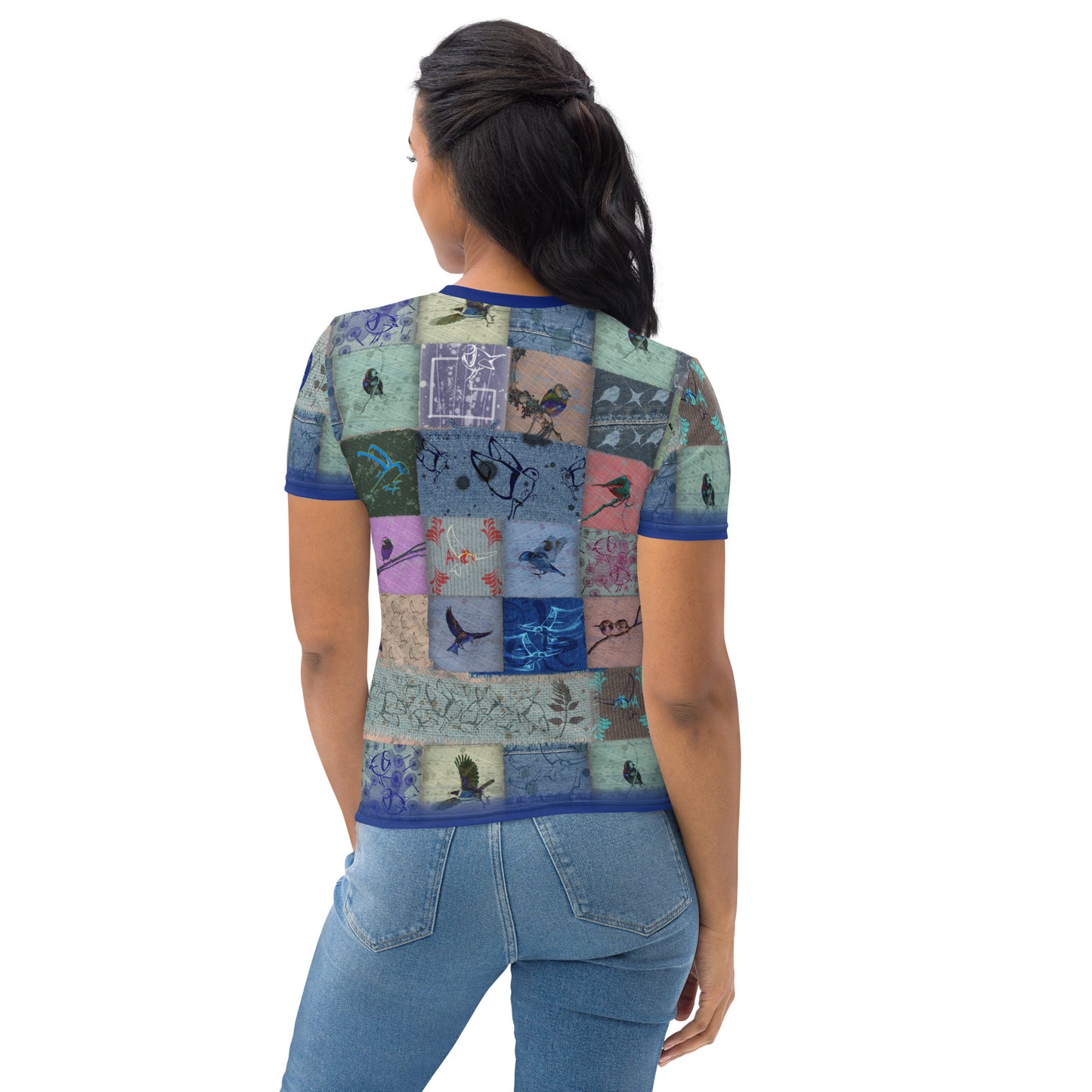 T-shirt Femme "Patchwork Oiseaux bleus"